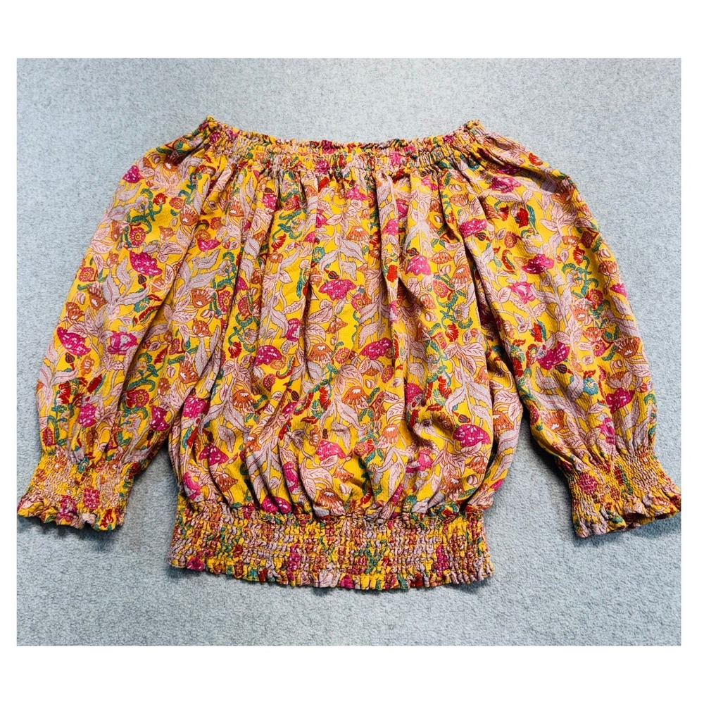 Cupcakes and Cashmere Womens M Yellow Floral Mushroom Smocked Boho Peasant Top